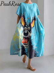 Oil Painting Cut Dog Print Short Sleeve Loose Midi Dress Hot Sell