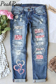 Ombre Pink Heart Print Ripped Jeans