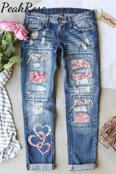 Ombre Pink Heart Print Ripped Jeans