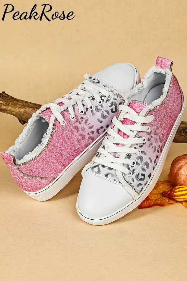 Ombre Pink Leopard Lace Up Canvas Shoes Sneakers