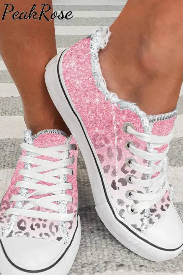 Ombre Pink Leopard Lace Up Canvas Shoes Sneakers 3.5(35) /