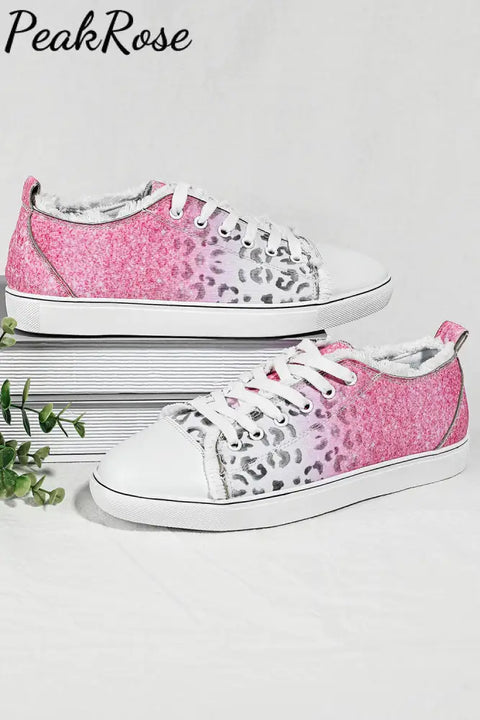 Ombre Pink Leopard Lace Up Canvas Shoes Sneakers