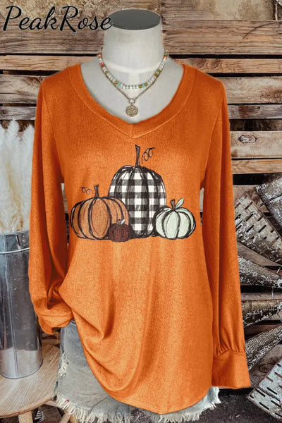 Orange Halloween Pumpkin V-Neck Long-Sleeved Top / S Hot Sell