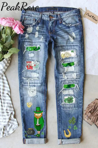 Original Illustration Cute Green Hat Villain Gold Coin Beer Clover Denim Jeans S / Blue