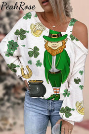 Original Illustration Cute Green Hat Villain Gold Coin Beer Clover Off Shoulder Blouse