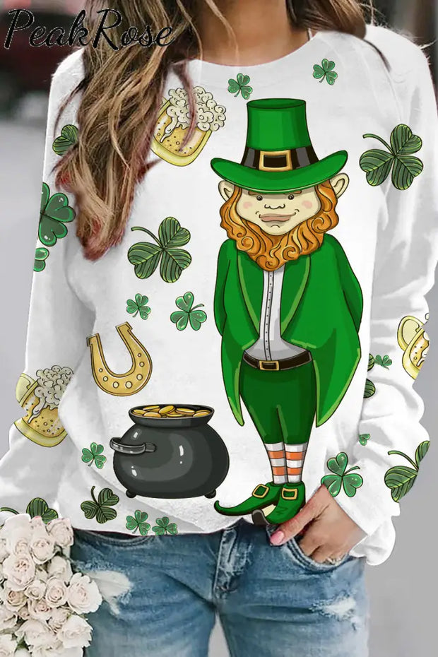 Original Illustration Cute Green Hat Villain Gold Coin Beer Clover Sweatshirt