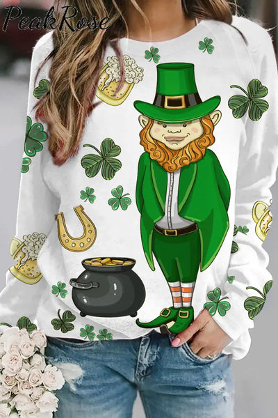 Original Illustration Cute Green Hat Villain Gold Coin Beer Clover Sweatshirt S /