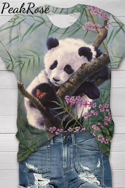 Pandas In The Forest Print Round Neck Short Sleeve T-Shirt