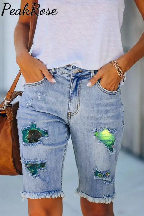 Panther Art Print Denim Shorts Bermuda