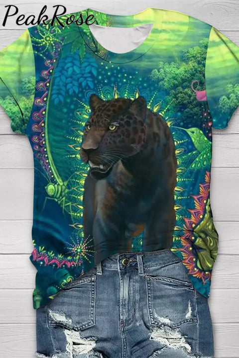 Panther Art Print Round Neck Short Sleeve T-Shirt