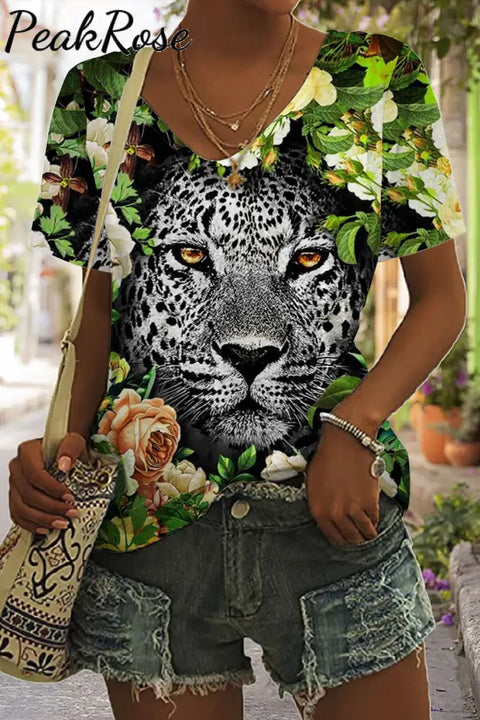 Panther Flower Print Tie-Dye V Neck T-Shirt T-Shirt