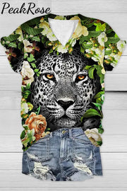 Panther Flower Print V Neck T-Shirt T-Shirt