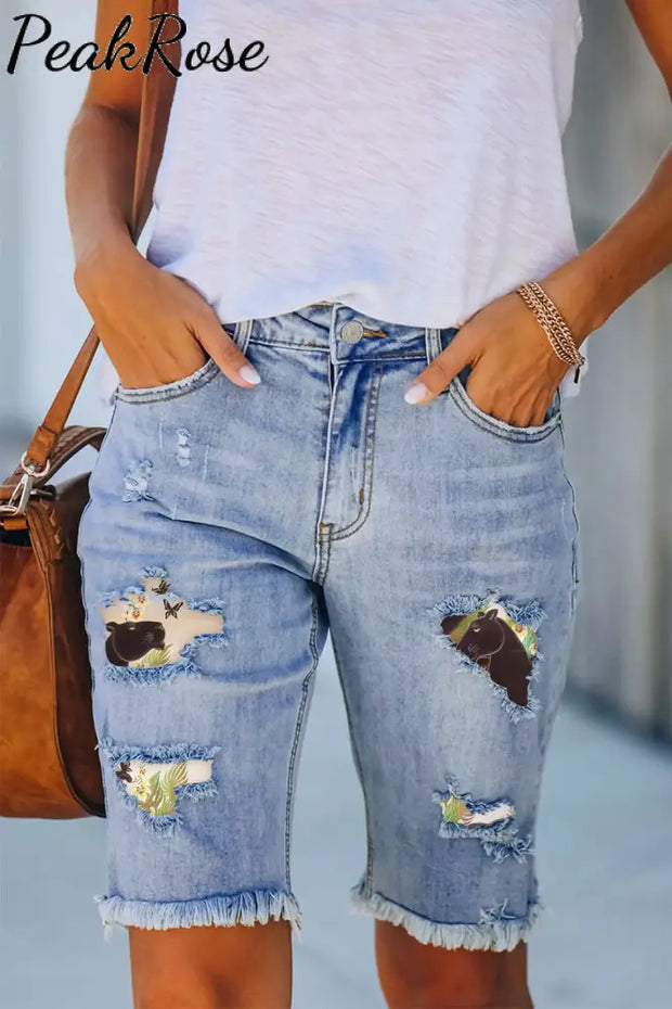 Panther Funny Butterfly Print Denim Shorts Bermuda