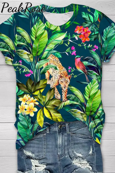 Panther In The Jungle Print Round Neck Short Sleeve T-Shirt