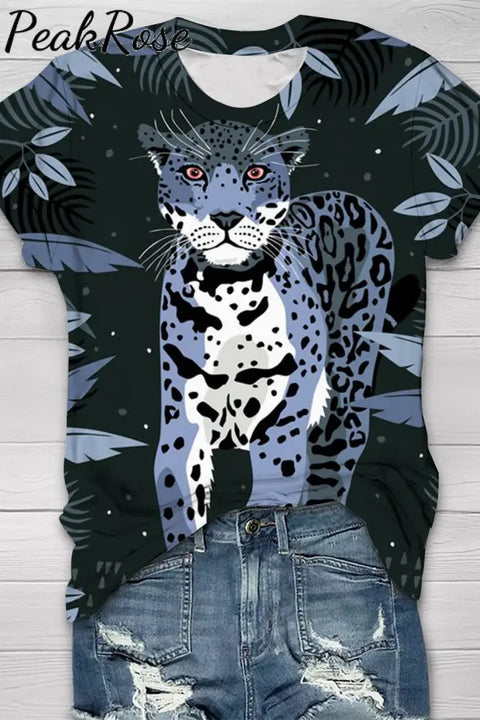 Panther In The Jungle Print Round Neck Short Sleeve T-Shirt