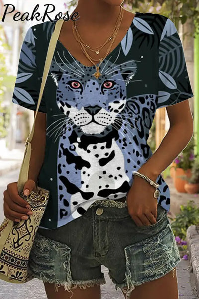 Panther In The Jungle Print Tie-Dye V Neck T-Shirt T-Shirt