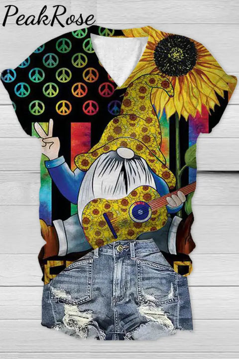 Peace And Sunflower Gnome Hippie Art T-Shirt