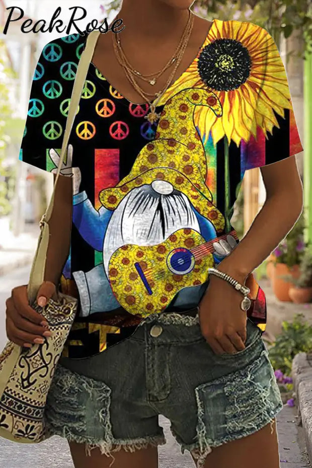 Peace And Sunflower Gnome Hippie Art T-Shirt S / Photo Color