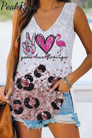 Peace Love Flamingos Leopard V-neck Sleeveless Tank