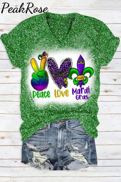 Peace Love Mardi Gras Leopard Glitter Print V Neck Short Sleeve T-Shirt