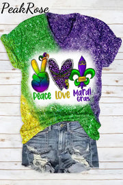 Peace Love Mardi Gras Leopard Glitter Print V Neck Short Sleeve T-Shirt