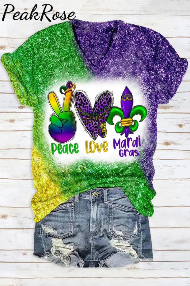 Peace Love Mardi Gras Leopard Glitter Print V Neck Short Sleeve T-Shirt