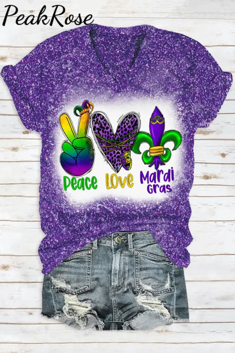 Peace Love Mardi Gras Leopard Glitter Print V Neck Short Sleeve T-Shirt