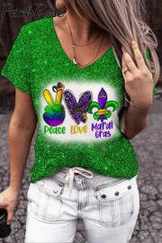 Peace Love Mardi Gras Leopard Glitter Print V Neck Short Sleeve T-Shirt Green / S