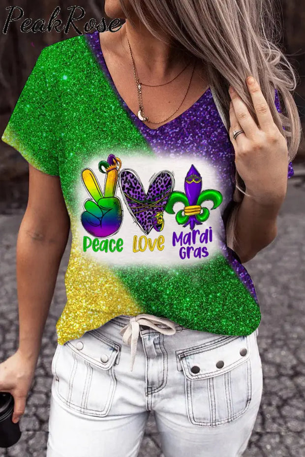 Peace Love Mardi Gras Leopard Glitter Print V Neck Short Sleeve T-Shirt Multi / S