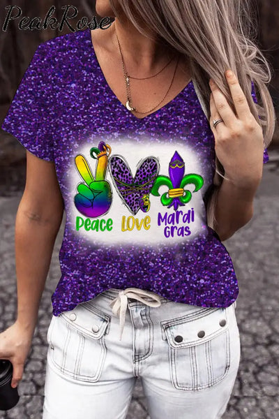 Peace Love Mardi Gras Leopard Glitter Print V Neck Short Sleeve T-Shirt Purple / S