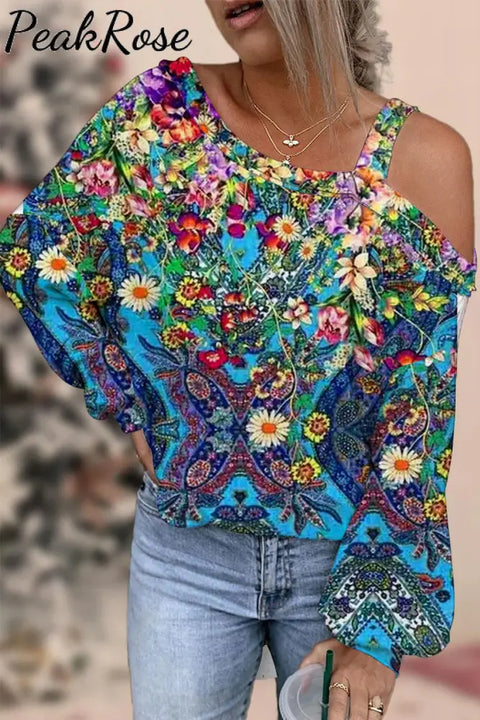 Valentine's Day Vintage Print A-line Neck Slouchy Shoulder Long Sleeve Top