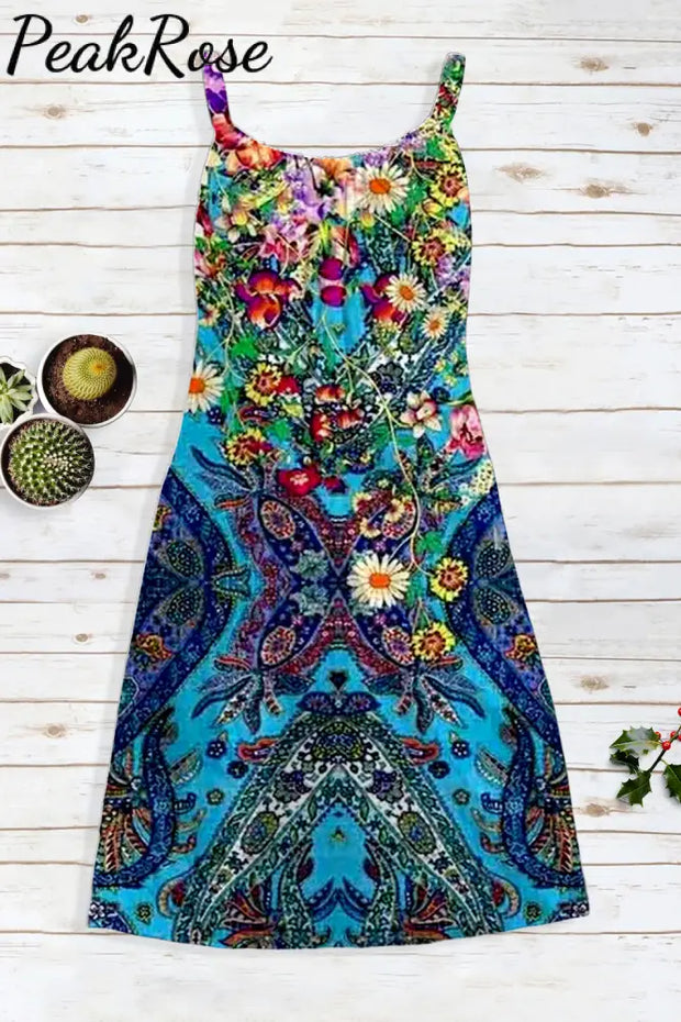 Peacock Blue Retro Floral Print Sleeveless Dress