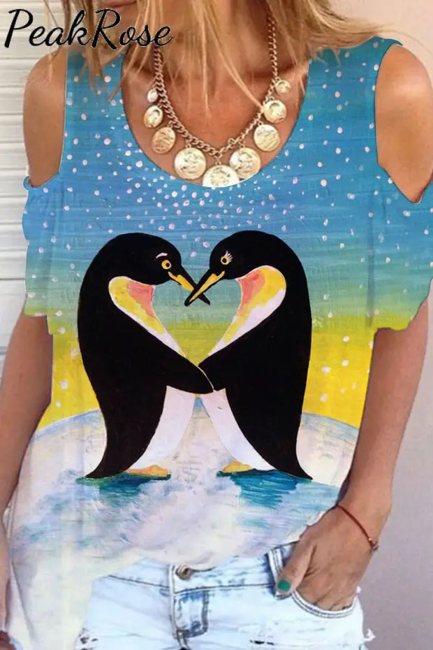 Penguins In Love Print Cold Shoulder T-Shirt