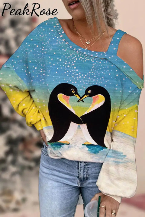 Penguins In Love Print Off-Shoulder Blouse