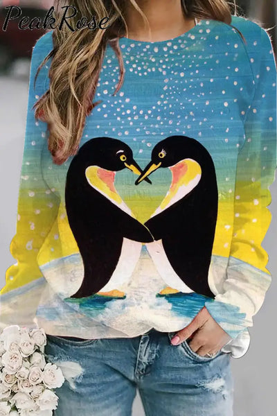 Penguins In Love Print Sweatshirt S / Blue