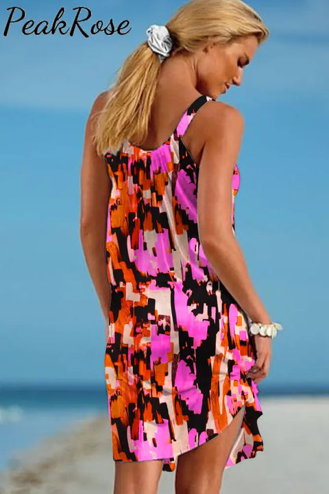 Pink And Brown Abstract Print Sleeveless Dress