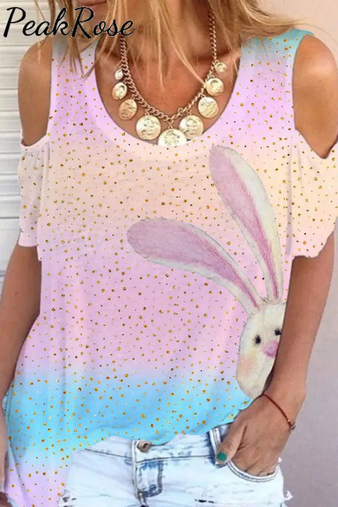 Pink Blue Glitter Easter Day Bunnies Cold Shoulder T-Shirt T-Shirt