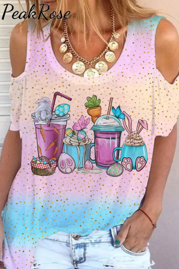 Pink Blue Glitter Easter Day Bunnies Cup Cold Shoulder T-Shirt T-Shirt