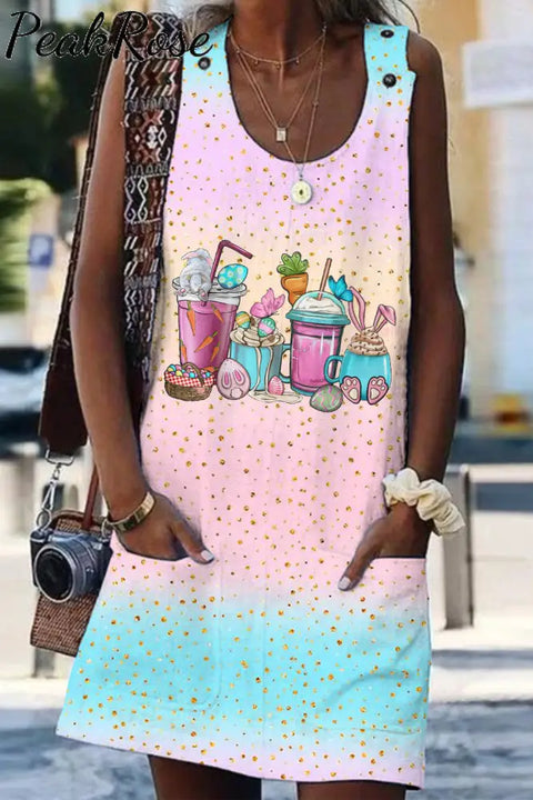 Pink Blue Glitter Easter Day Bunnies Cup Tank Dress With Pockets S / Ombre