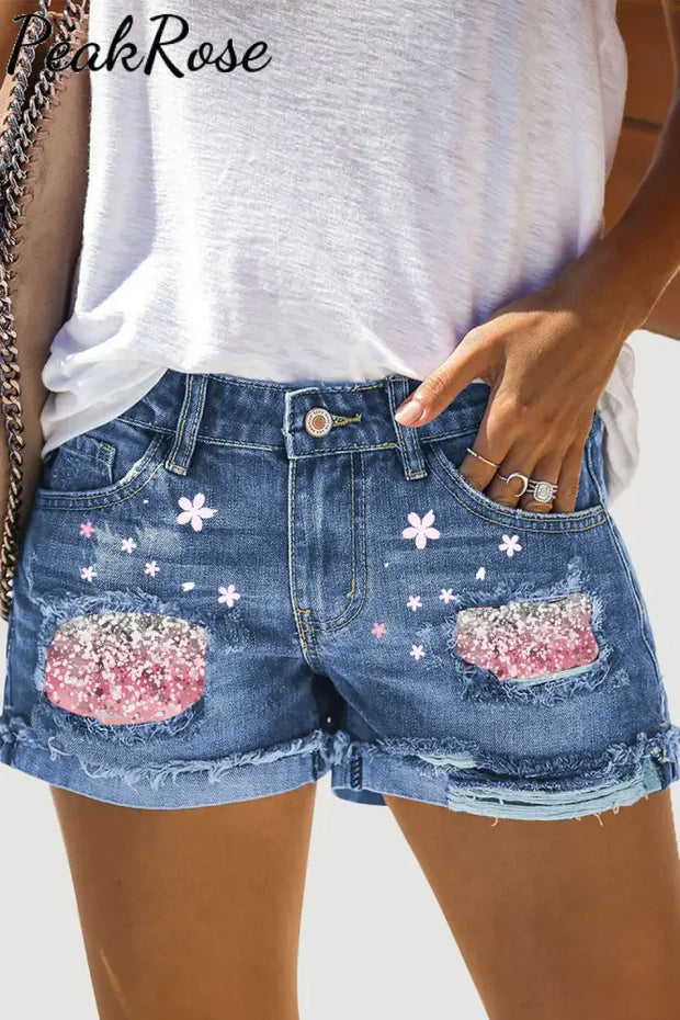 Pink Cherry Blossom Ripped Denim Shorts Jeans