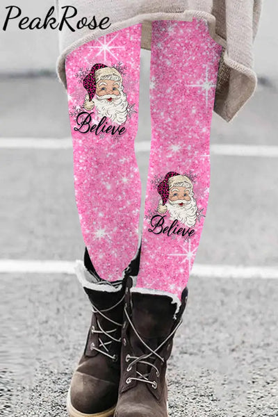 Pink Christmas Believe Santa Print Leggings S / Leggings