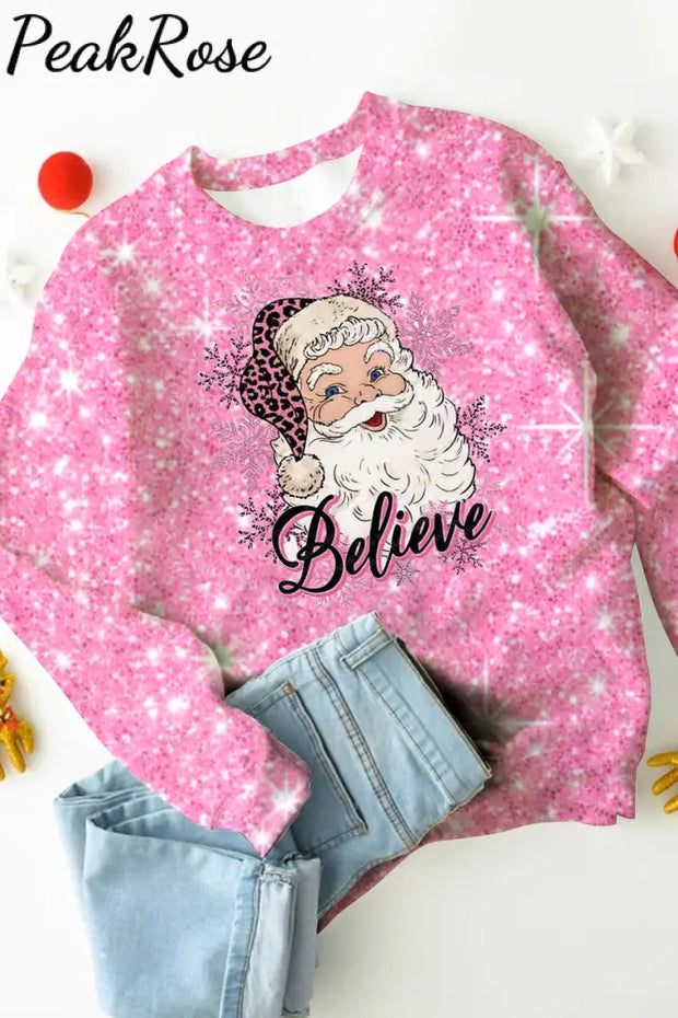 Pink Christmas Believe Santa Print Sweatshirt