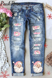 Pink Christmas Santa Print Denim Jeans