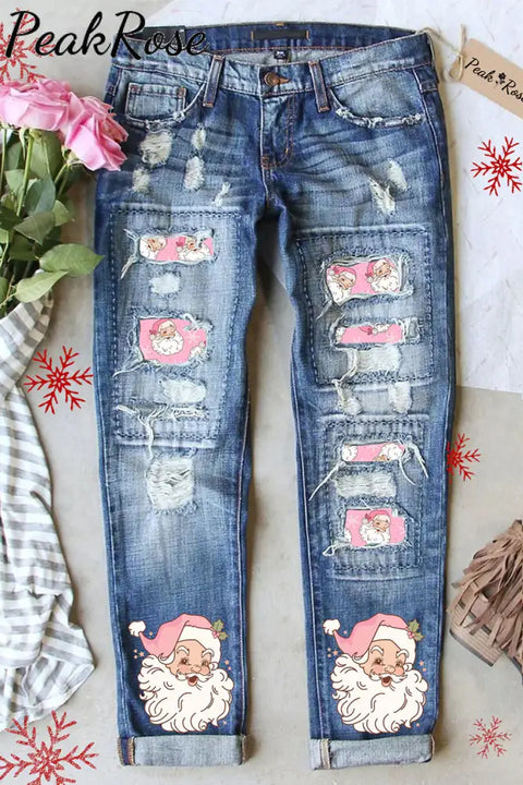 Pink Christmas Santa Print Denim Jeans