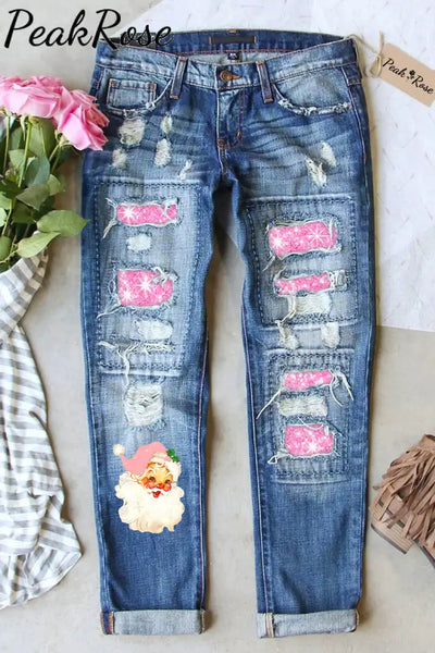 Pink Christmas Santa Print Denim Jeans