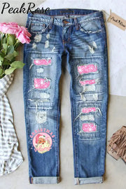 Pink Christmas Santa Print Denim Jeans