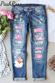 Pink Christmas Santa Print Denim Jeans