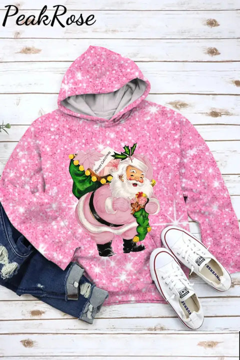 Pink Christmas Santa Print Hoodie