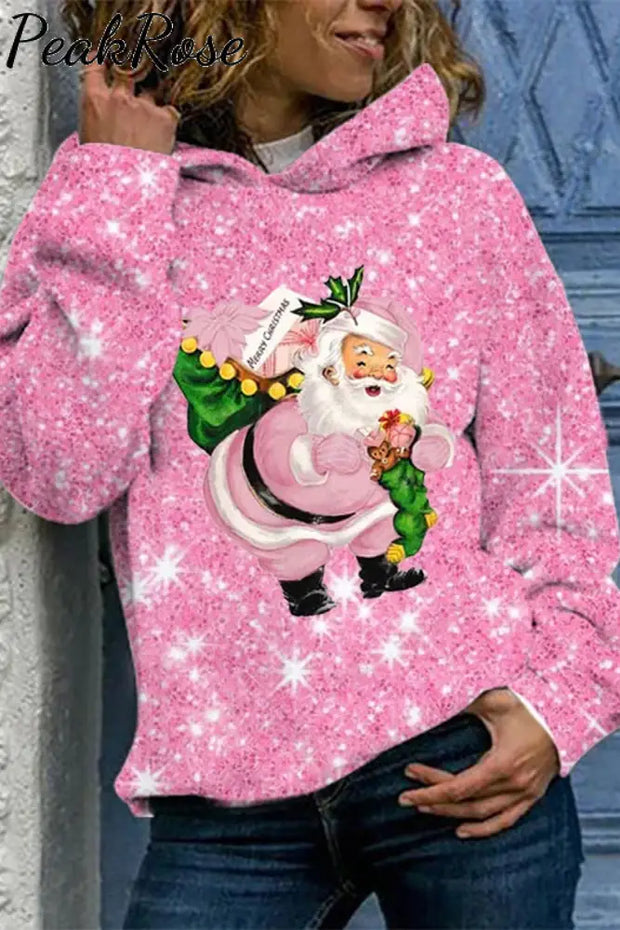 Pink Christmas Santa Print Hoodie S / Picture Color