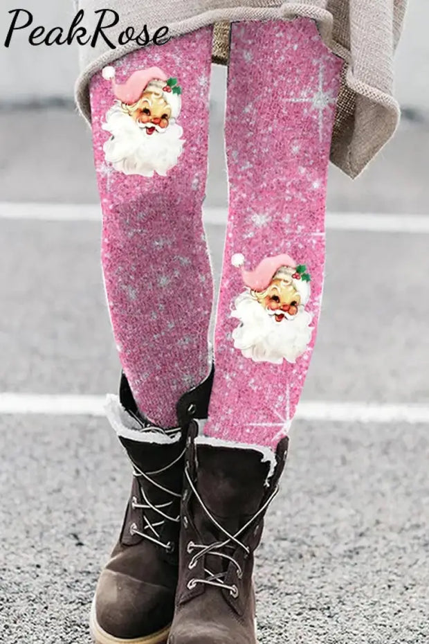 Pink Christmas Santa Print Leggings S / Leggings